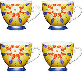 KitchenCraft Blue Bird Fluted Floral Printed Mugs 300 ml Multi-Colour Set of 4 China