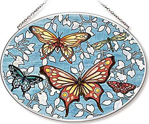 Three Monarch Butterflies Blue Oval Art Glass Panel Wall Window Hanging Suncatcher 14 x 20