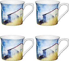 KitchenCraft Blue Bird Fluted Floral Printed Mugs 300 ml Multi-Colour Set of 4 China