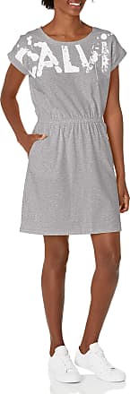 Calvin Klein Womens Short Sleeve Logo T-Shirt Dress, Heather Tin/White, Medium