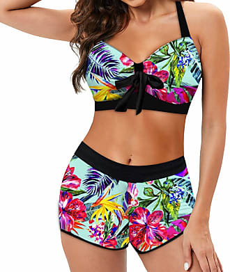 ADOME Women Bikini Set Tummy Control Swimsuit Two Piece High Waist Floral  Swimwear Plus Size