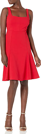 Calvin Klein Womens Sleeveless Square Dress with Flounce Hem, Red, 12