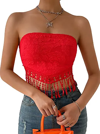 Crop top with a lace trim - Red - Ladies