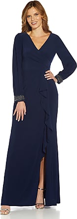 Adrianna Papell Womens Draped Jersey Beaded Gown, Midnight, 4