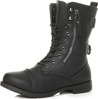 Women Military Quilted Combat Lace Up Boots Zipper Low Heel Mid Calf Round 