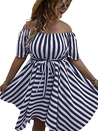 SOLY HUX Plus Size Women Summer Sexy Off The Shoulder Striped Short Sleeve Asymmetrical Belted Mini Sundresses Black Appliques 1XL