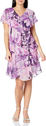 S.L. Fashions Womens Short Sleeve Tiered Chiffon Dress (Missy, Pink Multi Floral Petite, 12P