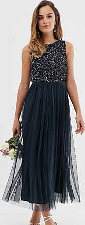 Maya Bridesmaid sleeveless midaxi tulle dress with tonal delicate sequin overlay in navy