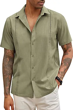 COOFANDY Men's Cuban Guayabera Shirt Cotton Linen Short Sleeve Button Down  Shirts Casual Band Collar Summer Shirt