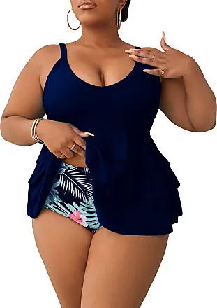MakeMeChic Women's Plus Size 2 Piece Bathing Suits Tropical Halter High  Waisted Bikini Set Shorts Swimsuit