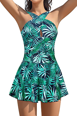 SHEKINI Women's Halter One Piece Skirt Swimsuit Ruched Swimdress Tummy  Control Bathing Suit (Blue Floral Pattern, Small) : : Clothing,  Shoes & Accessories