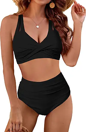 Blooming Jelly Women's High Waisted Bikini Sets High Cut Bathing Suits Two  Piece Sporty Cut Out Crop Top Swimsuits(Medium,Black)