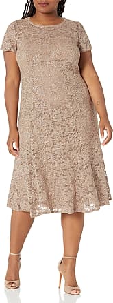 S.L. Fashions Womens Plus Size Lace and Sequin Fit and Flare Dress, Taupe, 14W