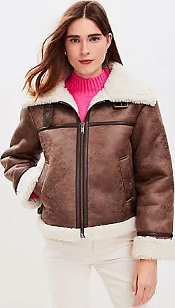 Topshop Petite Faux Leather Shearling Aviator Biker Jacket In Off  White-Brown for Women
