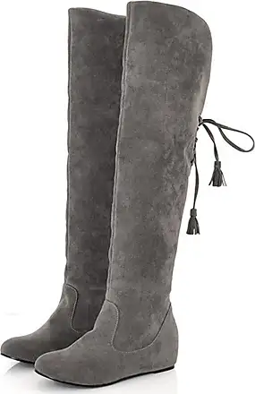 Grey suede knee sale high boots flat