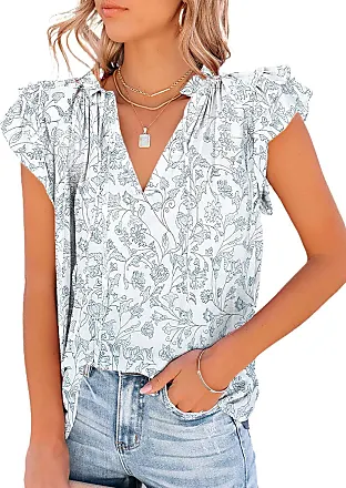 Lucky Brand Women's White Floral Ruffle V-Neck Pullover Blouse Top