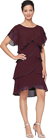 S.L. Fashions Womens Short Sleeve Solid Tulip Tiered Chiffon Dress (Missy and Petite), Aubergine Beaded, 14