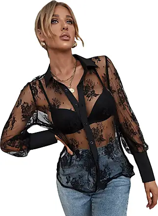 Feminine Black Lace Top, See Through Blouse, Black Lace Blouse for Women,  See Through Top Black Lace Blouse Long Sleeve Blouse Lace Lace Top 