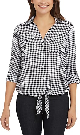 Jones New York Womens Front Tie Button Down Blouse Top (Baby Gingham Black, S)