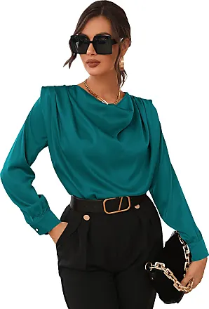SOLY HUX Women's Satin Silk Long Sleeve Button Down Shirt Formal Work  Blouse Top