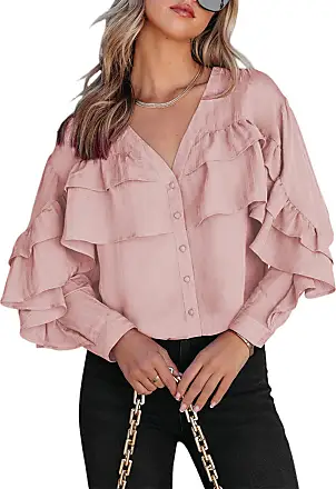 Solid Color Blouse Tops for Women Ruffled Long Sleeve V-Neck Casual Tops  Loose Fit Dressy Tunic Spring Clothes