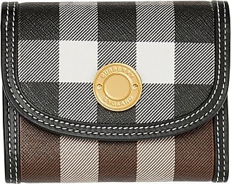 Check and Leather Small Folding Wallet in Dark Birch Brown - Women