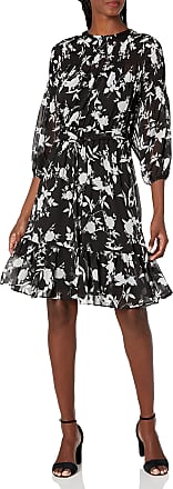 Calvin Klein Womens Petite Ruffle Tiered Dress, Black/Cream, 10