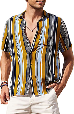 VEKDONE Mens Funky Hawaiian Shirt Stretch Casual Short Sleeve Vertical Striped Button Down Poplin Shirts Tee Tops 