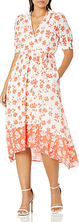 Gabby Skye Womens V-Neck Short Sleeve Printed Sheer Wrap Dress, Ivory/Coral, 8