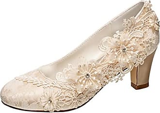 Emily Bridal Chaussures de mariée Femmes Soie comme du Satin Talon bottier Escarpins avec Couture Dentelle Une Fleur Cristal Pearl 