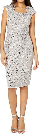 Tahari by ASL Womens Petite Side Ruched Notch Neck Sequin Sheath Dress, Silver Mist, 12P