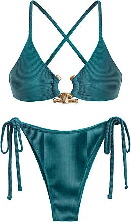 ZAFUL Women's Metal Decor U-wire Tied Back Textured Fabric High Cut  Brazilian Cheeky Bikini Set Two Piece Swimwear In DEEP GREEN
