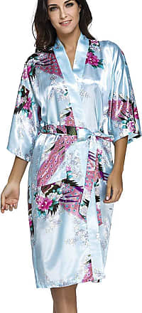 OLIPHEE Womens Satin Dressing Gowns Peacock Blossoms Bridesmaid Kimonos Nightwear Robes