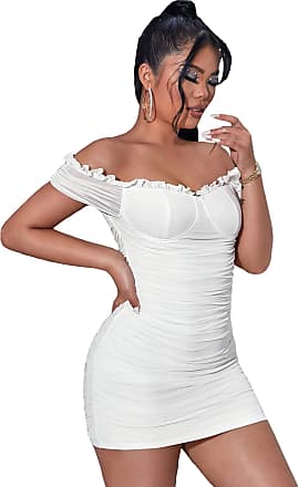 Shein Womens Ruched Off Shoulder Bodycon Mini Dress Bustier Short Sleeve Pencil Short Dresses White Medium