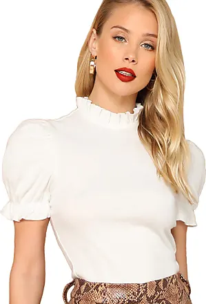 Floerns Women's Sweetheart Neck Puff Sleeve Ruched Crop Top Blouse Black S  at  Women's Clothing store