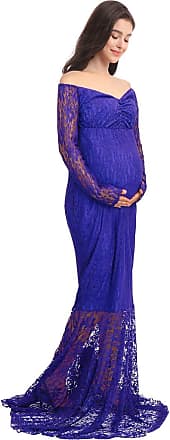 Ibtom Pregnant Women Mermaid Long Maxi Off Shoulder Gown Photography Photo Shoot Maternity V Neck Lace Dress Long Sleeve Baby Shower Blue XL