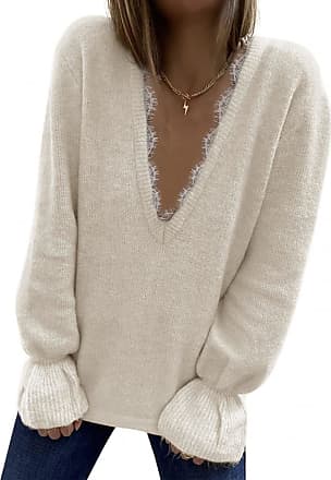 LOMON Women Off Shoulder V Neck Loose Knitted Sweater Oversized Pullover High Low Hemline 