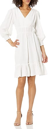 Calvin Klein Womens V-Neck Dress with Tiered Smocking, White, 4
