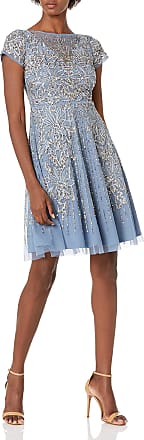 Aidan Mattox Womens Short Sleeve Beaded Fit and Flare Cocktail Dress, Prussian, 2