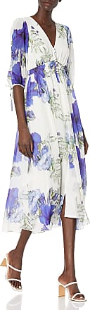 Taylor Dresses womens Taylor Dresses 3/4 Tie Sleeve V-neck Floral Print Button Front Midi Chiffon Dress, Ivory/Royal, 4 5 US