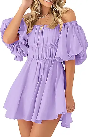 Women's Dresses 2023 Puff Sleeve Smocked Floral Dress Crewneck Lace Flowy  Tiered Midi Dresses Purple XL 
