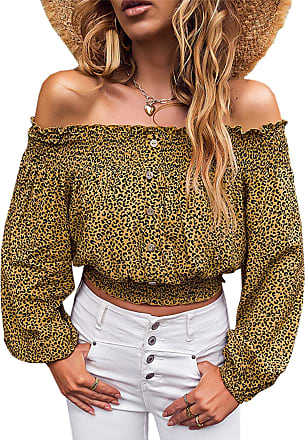 JESFFER Womens Floral Print Blouse Tops Loose Hollowed Out Shoulder 