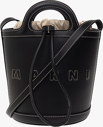 Tropicalia Small Bucket Bag in black leather and raffia-effect fabric