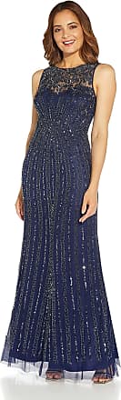 Adrianna Papell Womens Beaded Gown with Mermaid Skirt, Light Navy, 14