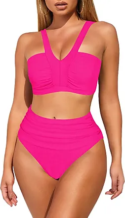 Pink Queen Women's High Waisted Bathing Suit Swimsuit Cheeky High Cut Tummy  Control Bikini Bottom Light Blue M