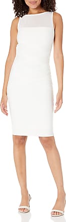 Dress The Population Womens Ximena Sleeveless Round Neck Crisscross Lattice Bandage Above Knee Bodycon Dress, Off White, Medium