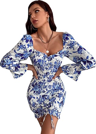 Floerns Womens Summer Floral Print Square Neck Long Sleeve Bodycon Mini Dress Blue and White S