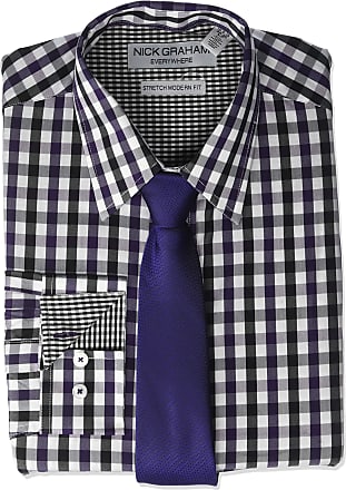 Nick Graham Mens Stretch Modern Fit Gingham Dress Shirt and Solid Tie Set 