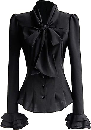 PrettyGuide Women Stand-Up Collar Lotus Ruffle Shirts Blouse Bow Black US XL