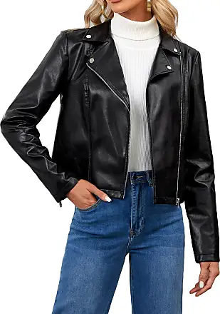 MakeMeChic Women's Petite Casual Faux Leather Cropped Jacket Zip